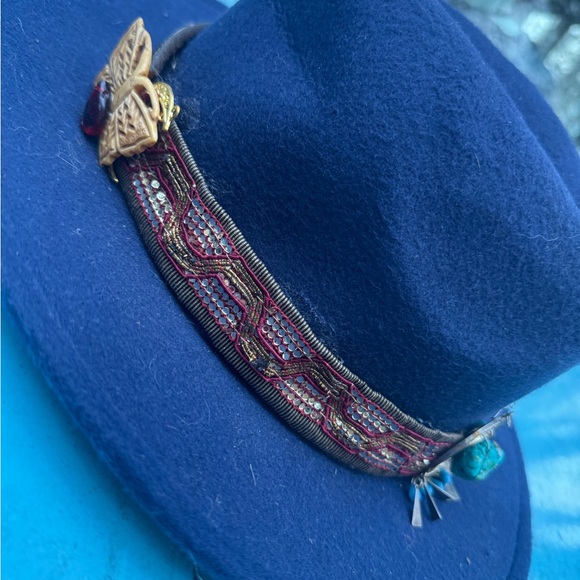 Vintage Blue Fedora with Embellished Band - Picture 2 of 3